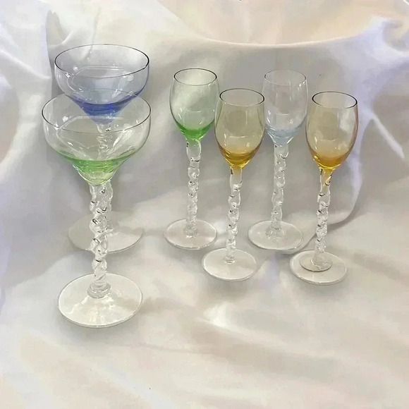 Other - Vintage Set of 6 Colored Liquor Twist Stem Glasses